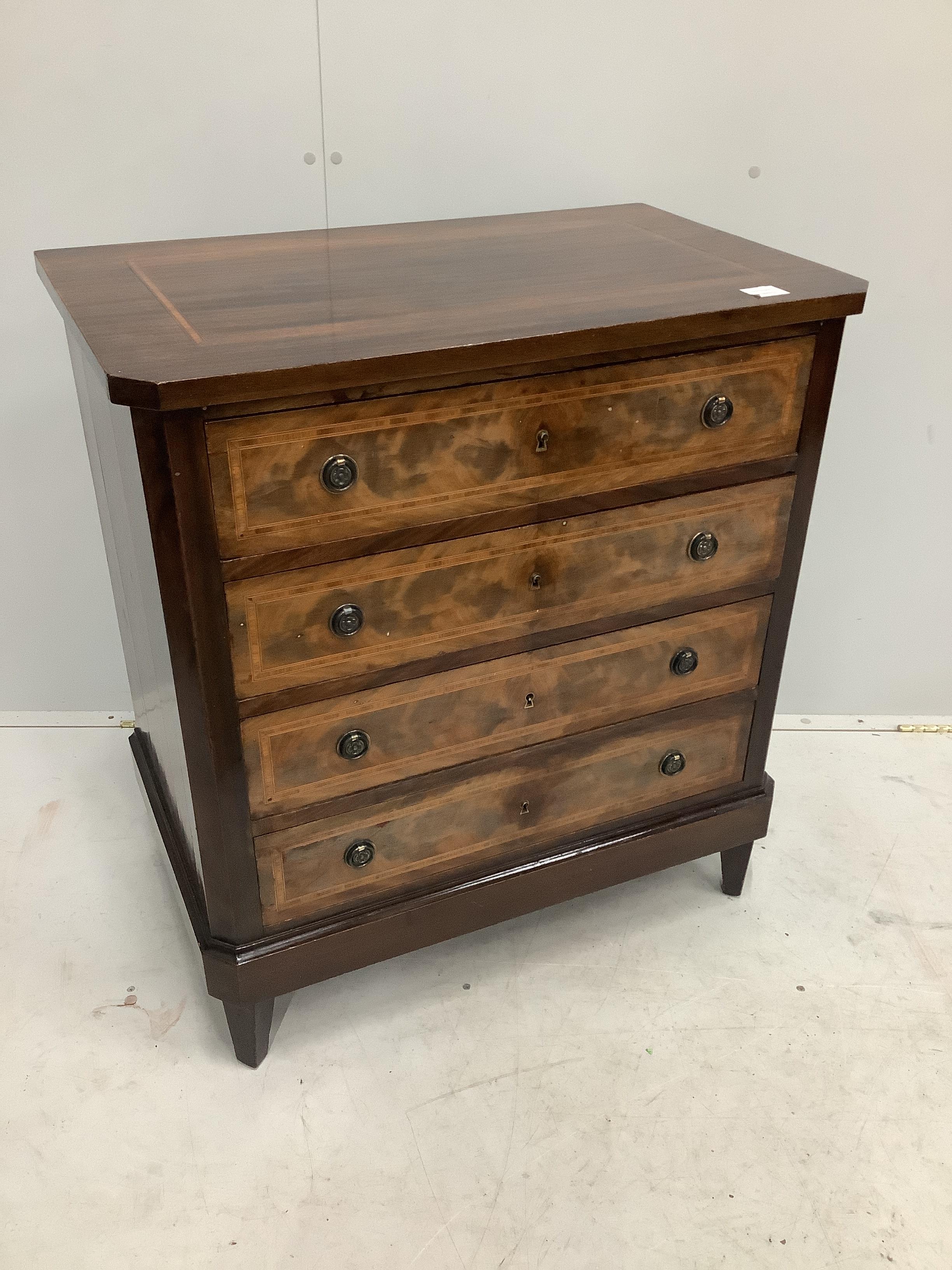 A small Continental satinwood banded mahogany chest of four long drawers, width 79cm, depth 48cm, height 86cm